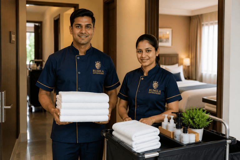 Professional live-in housekeeping staff for guest houses, hotels and PG accommodations in Delhi NCR by Rumila Enterprises
