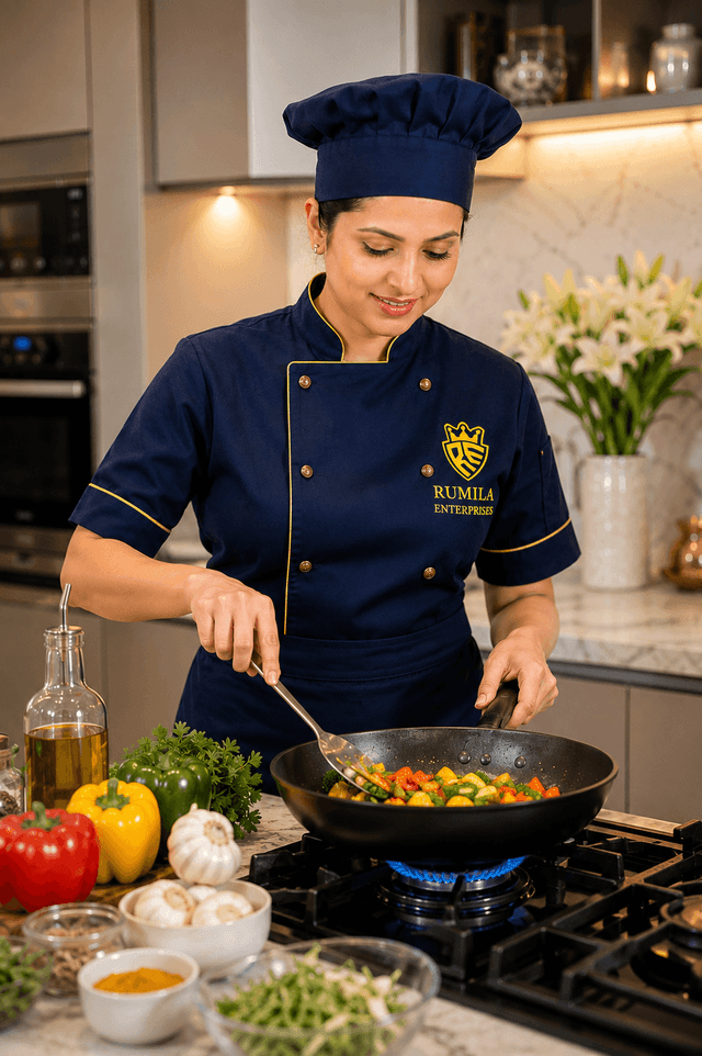 Rumila Enterprises live-in cook preparing meals in a premium Delhi NCR family kitchen